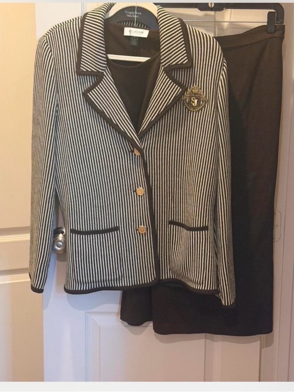 St. John Knit Brown Ivory Striped 3 pc Skirt Jacket Shell Suit 16 XL